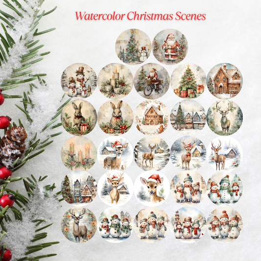 Watercolor Christmas Scene Christmas Cardstock - 2.5"