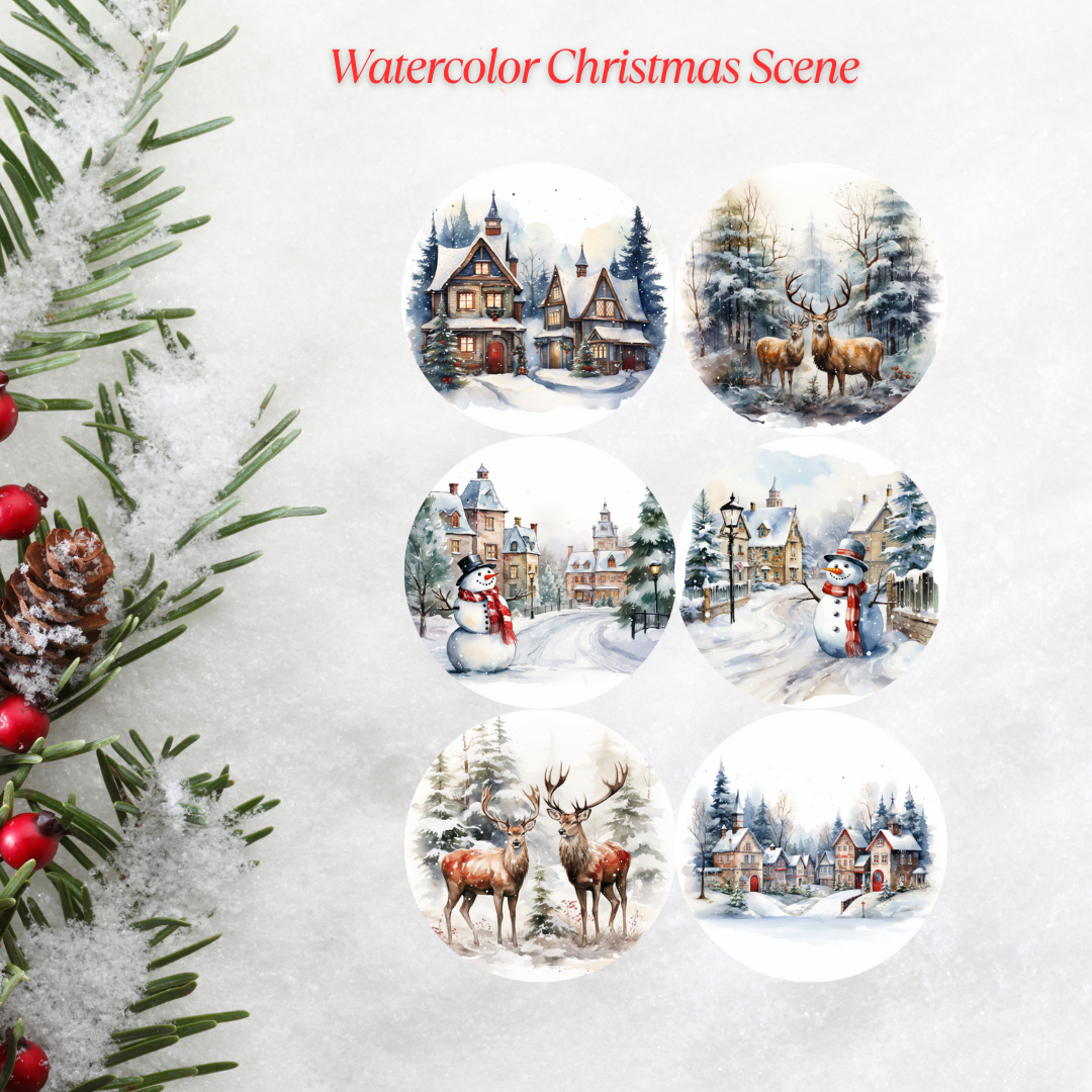 Watercolor Christmas Scene Christmas Cardstock - 2.5"